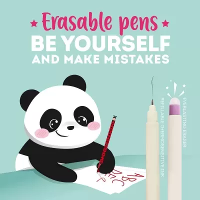Desenho de panda com caneta apagável vermelha e texto promocional em fundo azul