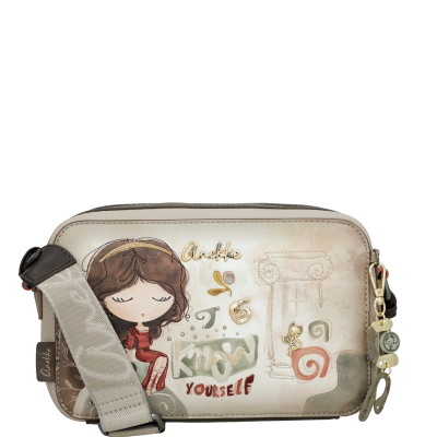 Bolsa retangular bege com ilustração de menina e texto Know Yourself