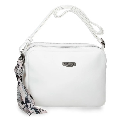 Mala branca com alça e pendente de tecido com padrão pele de cobra