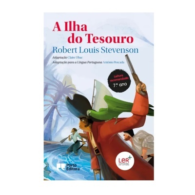 Capa do livro A Ilha do Tesouro com pirata e navio