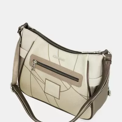 Mala de ombro bege e castanha com bolso exterior e fecho prateado