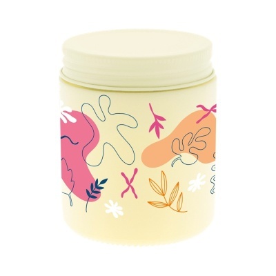 Frasco plástico creme com tampa e padrão de folhas coloridas