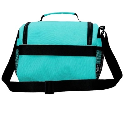 Bolsa térmica azul celeste com alça preta e bolsos laterais de malha