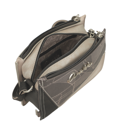 Mala pequena de ombro cinza e bege com fechos de correr e padrão geométrico