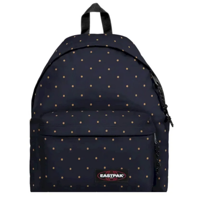 Mochila azul escura com bolinhas castanhas e bolso frontal