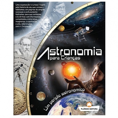 Capa de livro de astronomia para crianças com imagens do sistema solar e cientistas