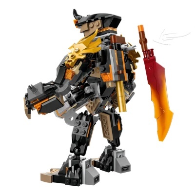 Figura robótica de construção tipo LEGO com espada alaranjada