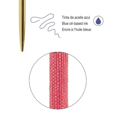 Detalhe de caneta com tinta azul óleo e fita têxtil cor-de-rosa