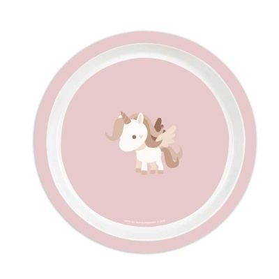 Prato redondo rosa com unicórnio desenhado no centro e borda branca