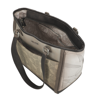 Mala de ombro bege e castanha com padrão e interior estampado