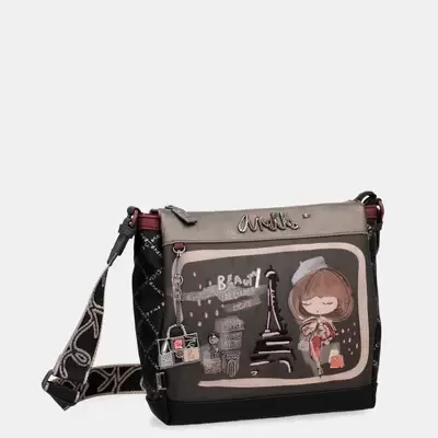 Mala transversal Anekke em preto, castanho e bege com ilustração de menina e Torre Eiffel