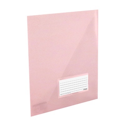 Pasta transparente cor-de-rosa com etiqueta identificativa branca