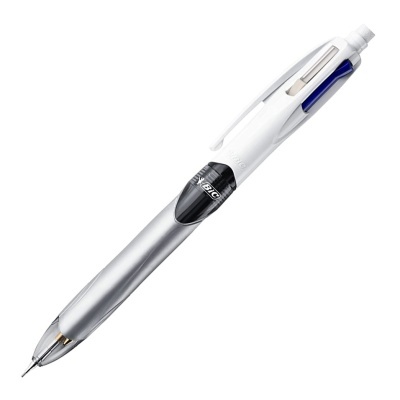 Caneta esferográfica multi-tinta BIC com corpo prateado e branco