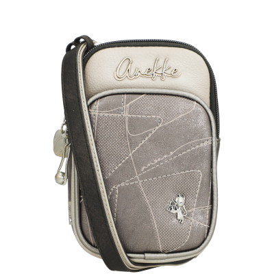 Bolsa pequena de ombro cinza e bege com pendente de gato