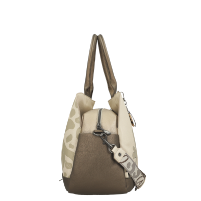 Mala de mão feminina castanha e bege com padrão abstrato e alças duplas