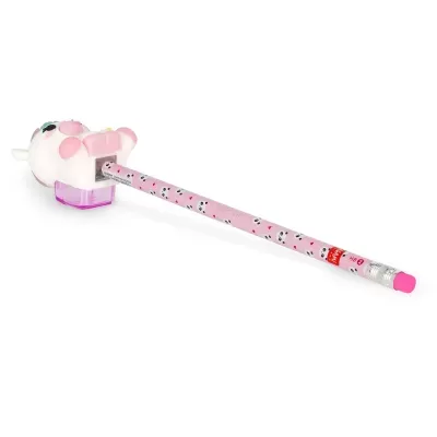 Lápis rosa com apontadeira em forma de coelho branco com detalhes rosas