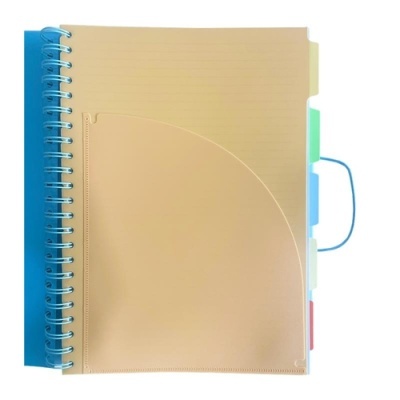 Caderno espiral com divisórias coloridas e capa azul transparente