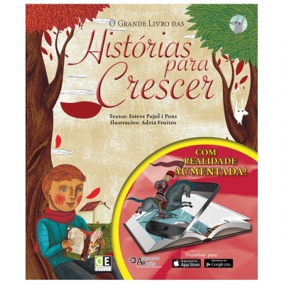 Capa de livro de histórias para crianças com ilustrações coloridas e destaque para realidade aumentada