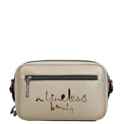 Bolsa pequena bege com fecho e frase decorativa