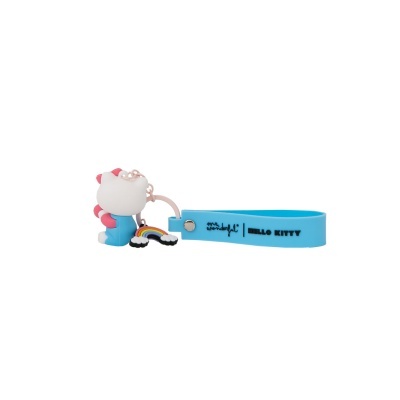 Porta-chaves com figura Hello Kitty e pulseira azul com texto.