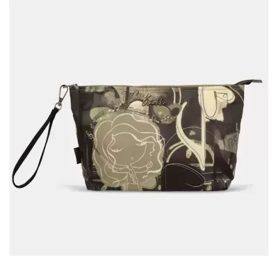 Bolsa de mão preta e bege com desenho artístico abstrato e personagem