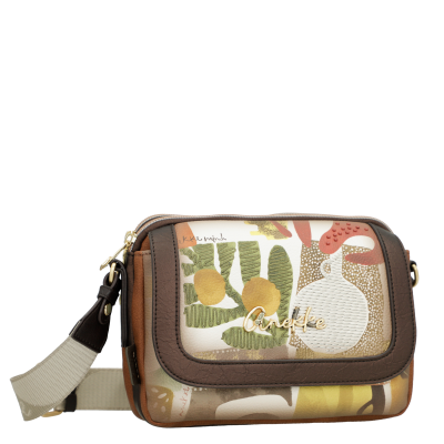 Mala de ombro castanha com padrão floral colorido e alça bege