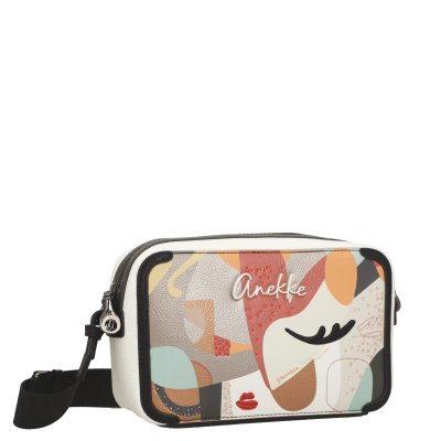 Mala tiracolo Anekke com padrão colorido abstrato e logótipo na frente.