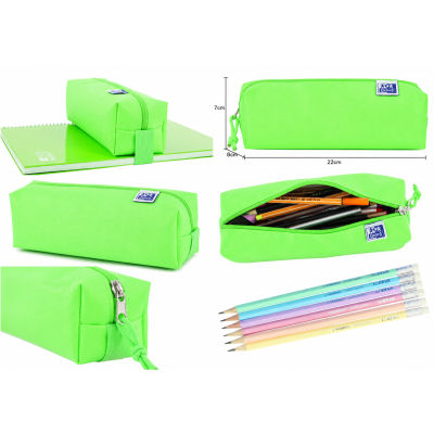 Estojo escolar verde aberto e fechado com lápis dentro, etiqueta Oxford, caderno verde e lápis coloridos.