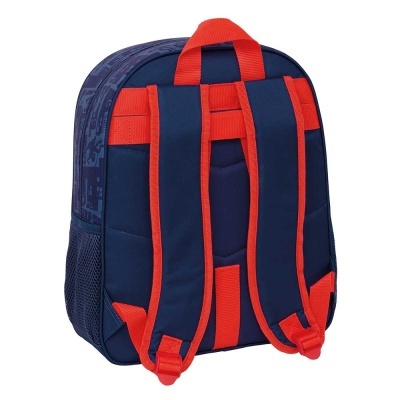 Mochila azul escura com alças vermelhas e bolso lateral em rede
