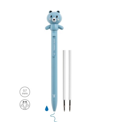 Caneta esferográfica azul com tampa urso e duas recargas