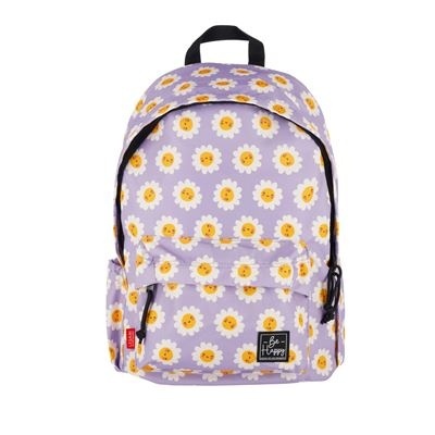 Mochila lilás com padrão de flores e etiqueta Be Happy