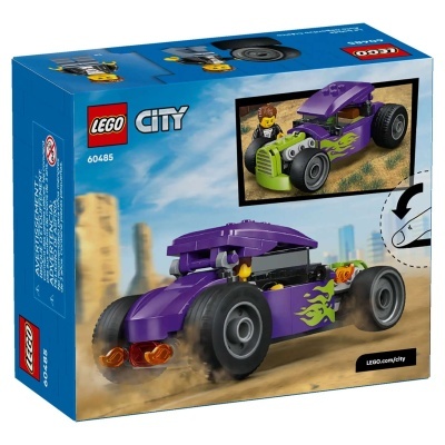 Caixa de brinquedo LEGO City com carro de corrida roxo e mini figura