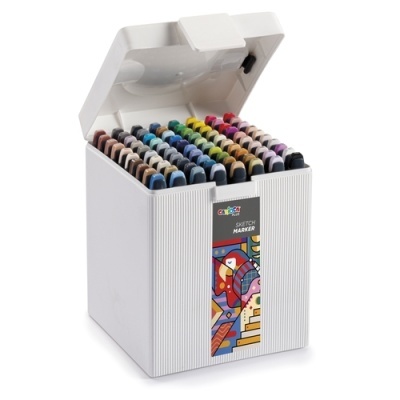 Caixa branca aberta com marcadores coloridos organisados