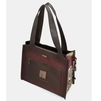 Mala tote castanha e bordô com bolso exterior e padrão colorido na lateral