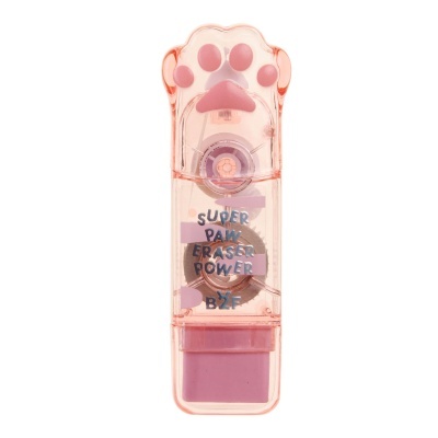 Apagador corrector cor-de-rosa transparente com desenho de pata e texto impresso