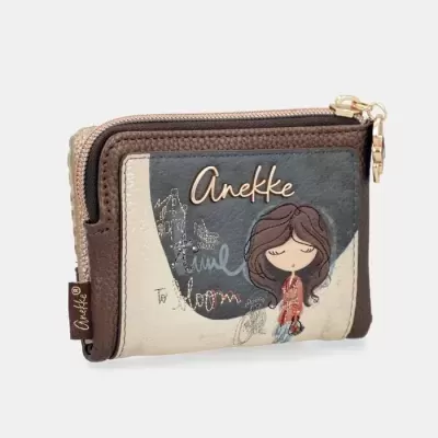 Carteira castanha e bege com ilustração de menina e texto Anekke