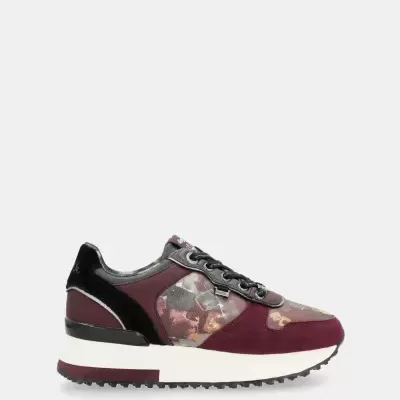 Ténis desportivo vinho com padrão floral e sola branca