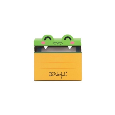Caixa de cartão com rosto de crocodilo verde e amarelo com texto mr. wonderful