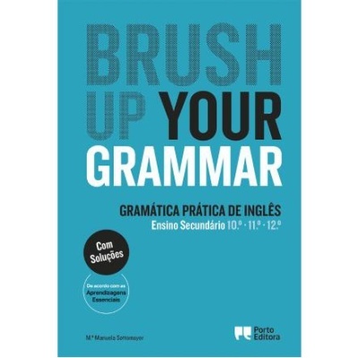 Capa do livro Brush Up Your Grammar azul com texto em português e selo Com Soluções