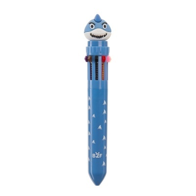 Caneta multicolorida azul com cabeça de tubarão e desenhos de velas brancas