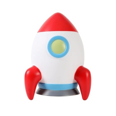 Brinquedo de plástico em forma de foguetão com corpo branco e detalhes vermelhos, azuis e amarelos