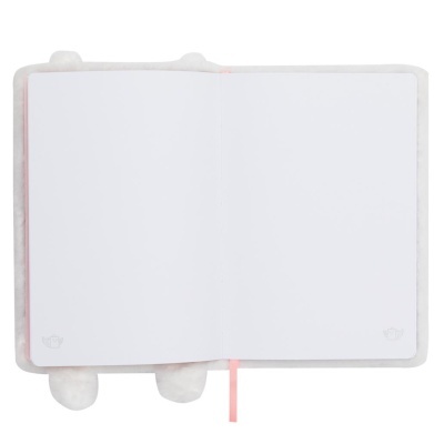 Caderno com capa branca peluda e páginas em branco aberto