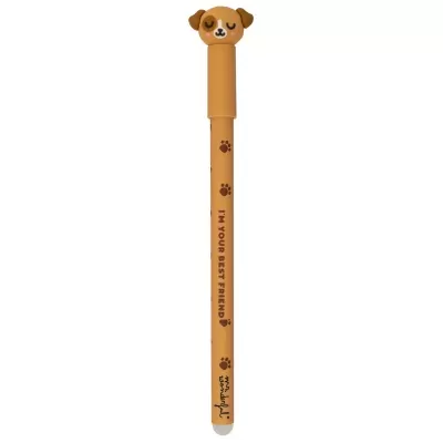 Caneta amarela com padrão de pegadas e texto, tampa em forma de cabeça de cão