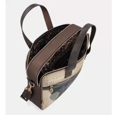Mala tote castanha com padrões abstratos e interior estampado