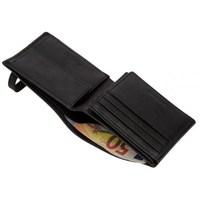 Carteira preta em couro genuíno com compartimentos e nota de 50 euros