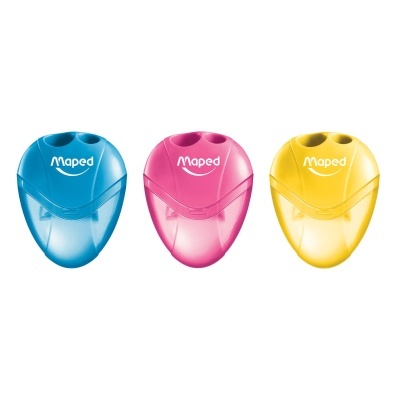 Três apontadores duplos de lápis Maped nas cores azul, rosa e amarelo