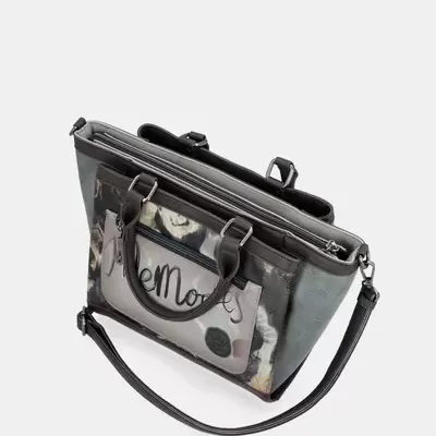 Mala feminina de couro preto com detalhe transparente e texto RE MODS