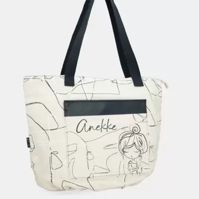 Mala de ombro bege com padrão abstrato e desenho de rapariga, alças pretas