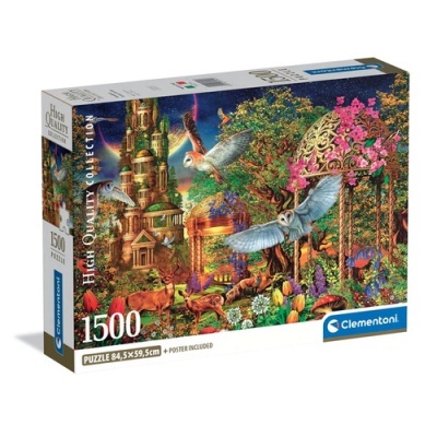 Caixa de puzzle Clementoni 1500 peças com imagem de paisagem fantástica com castelo, corujas e cervos