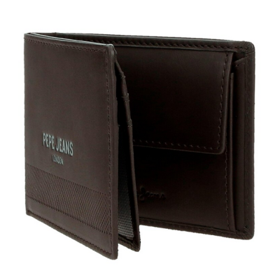 Carteira masculina em couro castanho escuro com logo PEPE JEANS LONDON